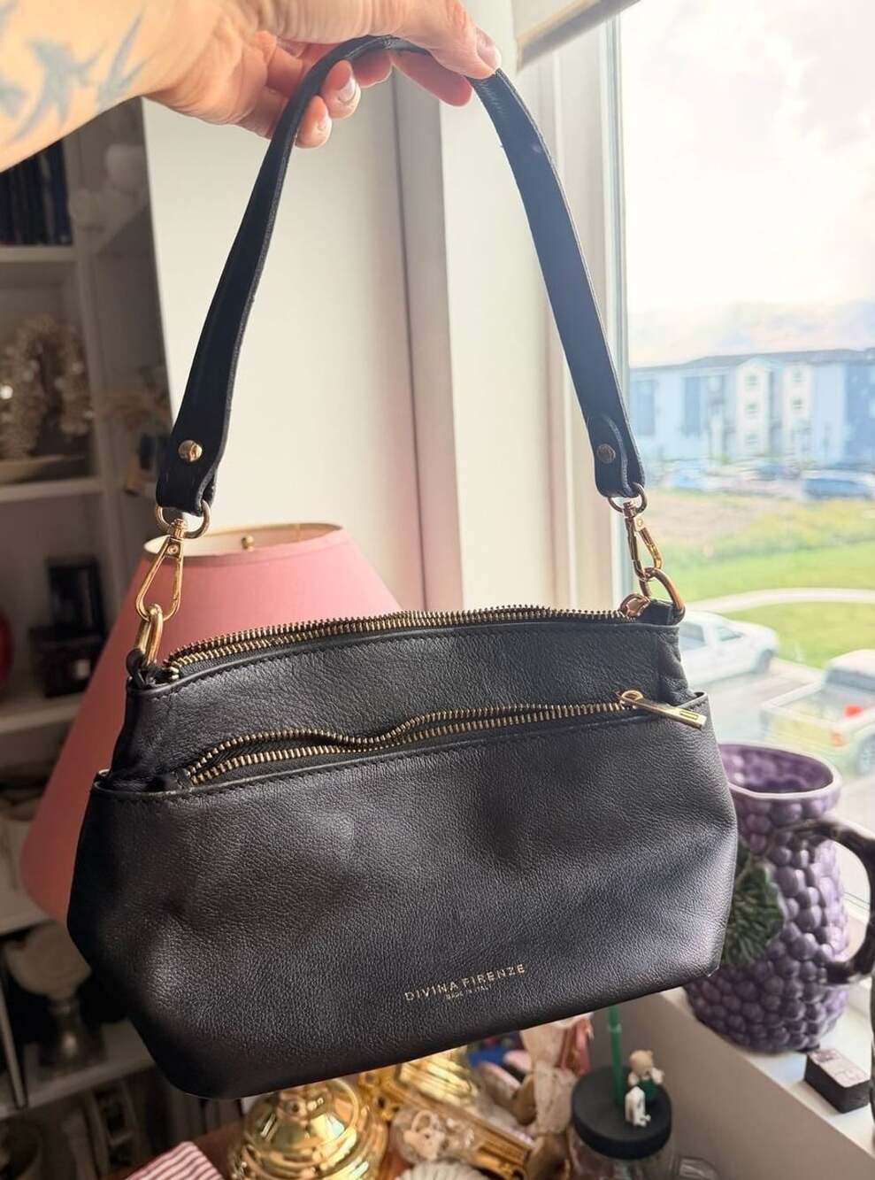 Divina Firenze Lilla Black Pebbled Real Leather 3 Zip Shoulder Bag Gold Hardware